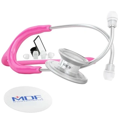 Image de MDF MD One Stéthoscope à double pavillon, professionnel pour adultes Acier inoxydable Tubulure fuchsia, Lyre/pavillon argent (MDF77732)