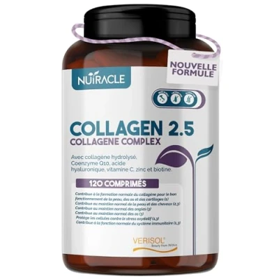 Image de Collagène Hydrolysé Verisol® 2500 mg + Acide Hyaluronique Coenzyme Q10 Complément pour la Peau, les Cheveux et Os avec Biotine, Zinc Vitamine C 120 comprimés, Nutracle