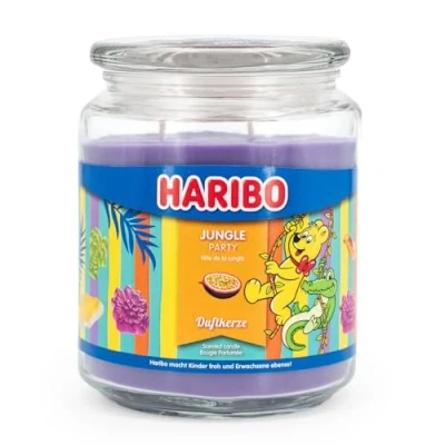 Image de Haribo Bougie parfumée dans un verre avec couvercle Jungle Party fruitée Longue durée de combustion (100 h) Bougies violettes Grande (510 g)
