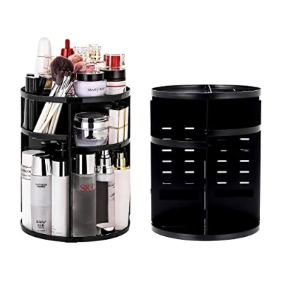 Image de LucyStudio Rotatif Organisateur de Maquillage Noir 360 Degrés Grande Capacité Présentoir Cosmétique Réglable Rangement Salle Bains Étagères Comptoir Stockage