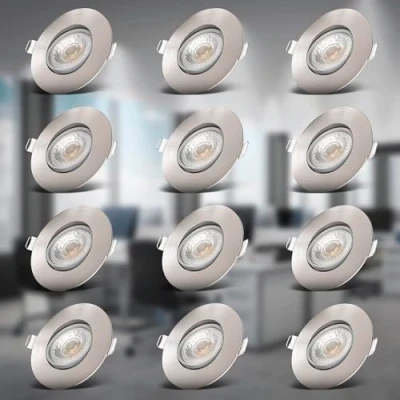 Image de B.K.Licht lot de 12 spots à encastrer IP23 ultraplats 24mm, orientables, Ø90mm, nickel mat, éclairage plafond encastrable, platines LED 5W, 460Lm, blanc chaud 3000K