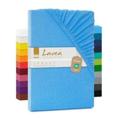 Image de Lavea Jersey Drap housse, série Maya, 100 % coton, finition de qualité supérieure, avec bande élastique, certifié OekoTex100