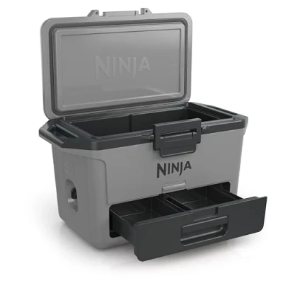 Image de Ninja FrostVault Hard Cooler 47L, Glacière Haute qualité, Conserve la Glace jusqu&#039;à 6 Jours, tiroir Rangement Sec intégré à température de réfrigérateur, pour 80 canettes, Gris Ardoise FB151EUGY