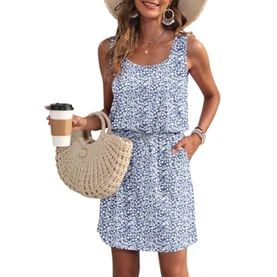 Image de WNEEDU Robe d&#039;été pour Femme de Plage sans Manches à col en U avec Cordon Serrage aérée été Poches Fleur Bleu Violet XL