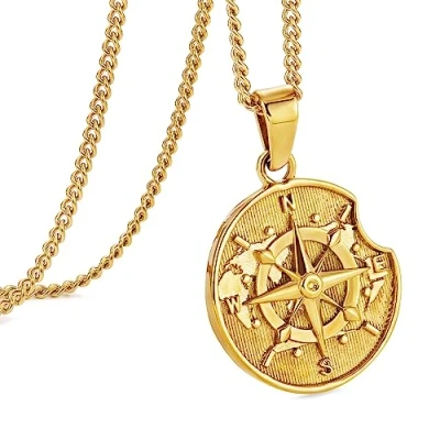 Image de murtoo Argent Monnaie Collier hommes, Pendentif boussole pour boussole, en acier inoxydable, Collier, Or 60cm