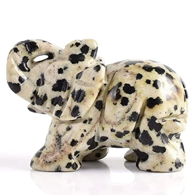 Image de LIJUCAI 2 Pouces Cristal éléphant Figurines Artisanat sculpté Pierre Naturelle minérale Mini Animaux Statue pour la décoration intérieure Chakra guérison, Jaspe Dalmatien