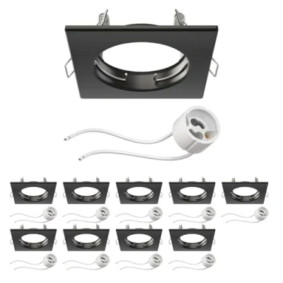 Image de ledscom.de 10 pièces cadre d&#039;encastrement pour plafond RIR noir mat carré (LED/Halogène/GU10/MR16/PAR16/50mm) incl. douille GU10