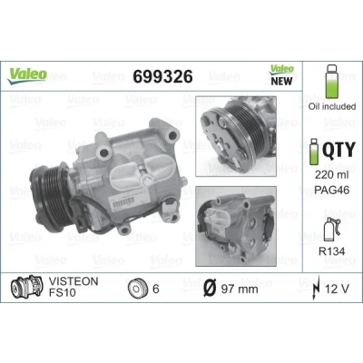 Image de VALEO 699326 compresseur De Climatisation FS1010 12 PAG 46 R 134a avec huile NEW ORIGINAL PART FORD: FIESTA 5, Focus 2, Fusion Break