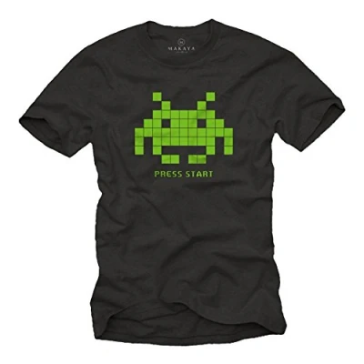 Image de Makaya Vintage Gamer Tee Retro Motif Space Invaders T Shirt Geek Homme Noir L