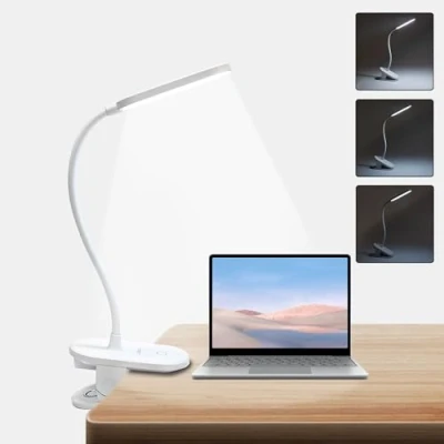 Image de LQWELL® Lampes Lecture À Pince LED AlimentÉE Par Batterie, Protection Des Yeux, 3 Niveaux De LuminositÉ Et Flexible 360 Lampe Bureau Clipsable Pour TÊTe Lit Bbureau (Blanc)