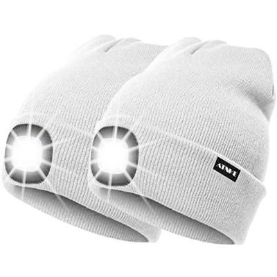 Image de ATNKE 2 Pièces Chaud LED tricoté Chapeau de Bonnet Unisexe avec,USB Rechargeable Course Ultra Lumineux 4 Lampe lumière étanche Multicolore/White