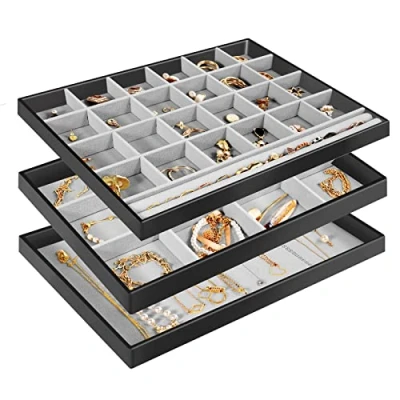 Image de Procase 3 Rangement Bijoux Tiroir, Plateaux Bijoux, Présentoir Separateur Sans Perdre ou Abîmer, avec 10 crochets et 37 Compartiments Ensemble Noir