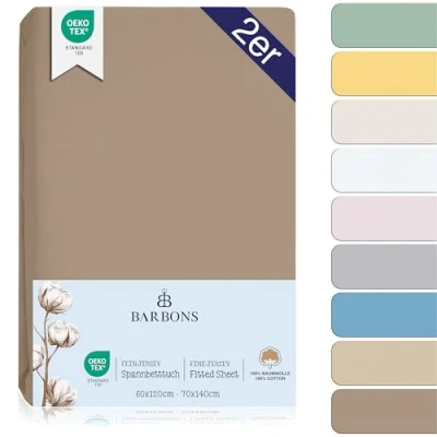 Image de BARBONS Drap Housse pour lit de bébé 60x120 / 70x140 d&#039;enfant 100% Coton Jersey Oeko TEX Standard 100 certifié Draps Bebe Matelas Taupe Lot 2