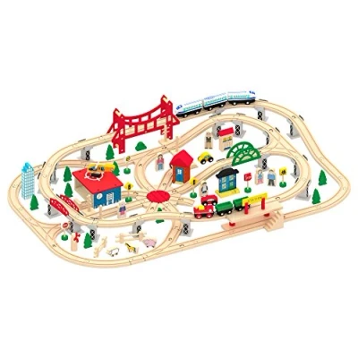 Image de Leomark Jeu de Train en Bois 130 Piéces Circuit Coffrets et Véhicules Rails pour Enfants