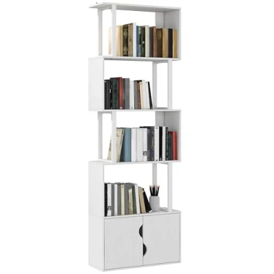 Image de HOMCOM Bibliothèque à 5 Niveaux, Meuble de Rangement en Forme S avec étagères et Placard Double Porte, étagère pour Salon, Chambre Bureau, 60 x 23,8 179,2 cm, Blanc