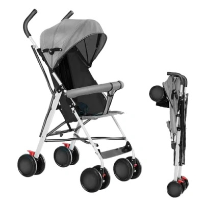 Image de OHMG Poussette Compacte,Poussette Canne Bébé 0 6 Ans,Poussette en EVA,Landau à 4 roues,Landau assis,Parasol,Moustiquaire avec coussin coton,Roues Verrouillables (Gris)