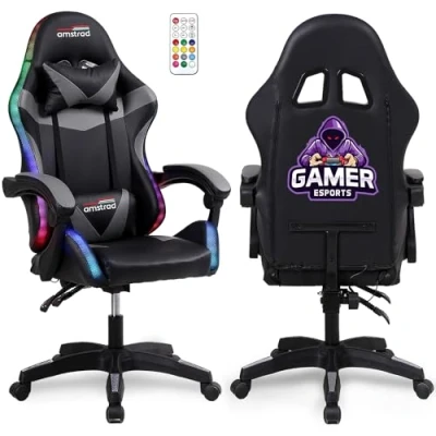 Image de Amstrad AMS 900 LED Gamer Fauteuil gaming noir et gris Serigraphie Eclairage 366 effets Télécommande Neuf