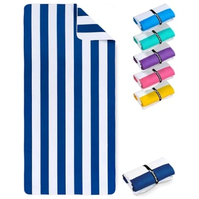 Image de Fit Flip Serviette de Plage Microfibre Fine et légère à séchage Rapide Drap XXL 100% recyclée rayé Bleu Marine Blanc 200cm x 90cm