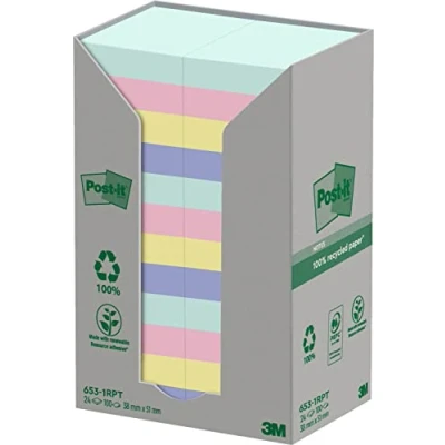Image de Post it Notes Recyclées, Couleurs Assorties, Pack de 24 Blocs, 100 Feuilles par Bloc,38 mm x 51 mm, Vert, Rose, Jaune, Bleu Autocollantes Fabriquées avec du Papier Recyclé à 100%