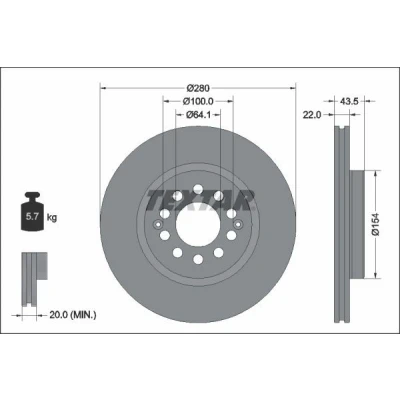 Image de TEXTAR 92342603 Disque de frein 280 22 05/12 100 ventilé l&#039;intérieur revêtu sans roulement roue, boulon fix moyeu roue