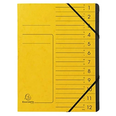 Image de Exacompta Réf. 541209E 1 trieur dos agrafé avec élastiques couverture imprimée en carte lustrée et intérieur recyclée noire 12 compartiments dim 24,5 x 32 cm A4 couleur jaune