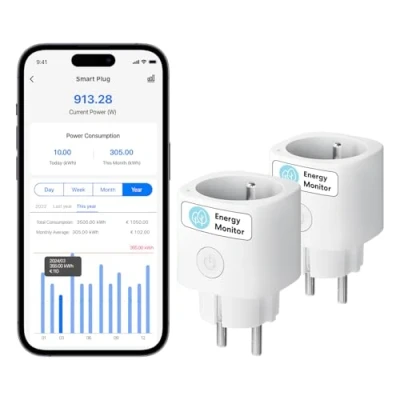 Image de Meross Prise Connectée (Type E), Lot de 2 WiFi Mini Compatible avec Alexa, Google Home et SmartThings, 16A Mesure Consommation d&#039;Énergie pour Panneau Solaire Photovoltaïque