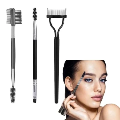 Image de 3 Pièces Kit de Goupillon Sourcil, 1x Brosse Cils en Acier, Sourcil Double Face,1x Peigne a avec Sourcils,Pour Modifier les Sourcils et Cils,Outils Maquillage
