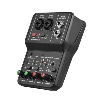 Image de COMETX Carte son d&#039;enregistrement interface audio professionnelle 16 bits/48 kHz Mini USB 2 entrées et sorties avec câble d&#039;alimentation fantôme 48 V