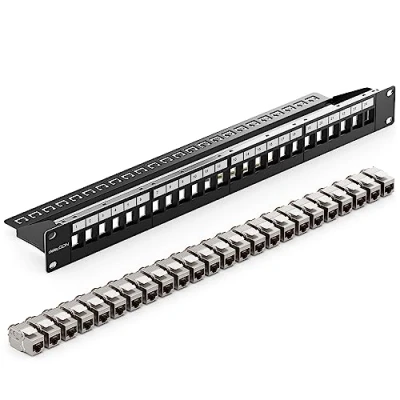 Image de deleyCON SET 24 Ports CAT7 Panneau de Brassage Distribution Modulaire 1 U Installation en Rack 19&quot; + 24x Modules Keystone CAT 7 Réseau LAN RJ45 10 Gbit/s 600 MHz Câble D&#039;installation Noir
