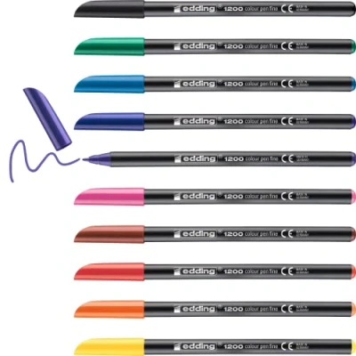 Image de edding 1200 Feutre de coloriage pointe fine noir, rouge, bleu, vert, jaune, orange, brun, violet, bleu clair étui 10 couleurs ronde 1 mm stylo pour ecriture, dessin,