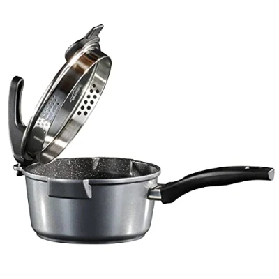 Image de STONELINE Future Casserole à manche 18 cm, 1,8 L, avec Couvercle Passoire, Compatible l&#039;Induction et au Four, Revêtement Antiadhésif de vraies particules pierre, Gris
