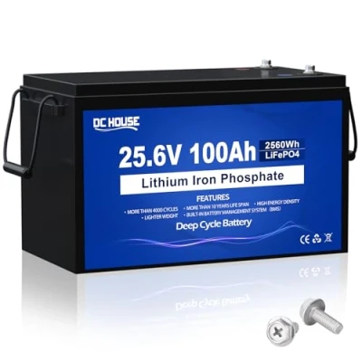 Image de Batterie au lithium DCHOUSE 24V 100Ah LiFePO4, rechargeable avec plus de 4000 cycles profonds et protection BMS pour système solaire, camping car, bateau, maison