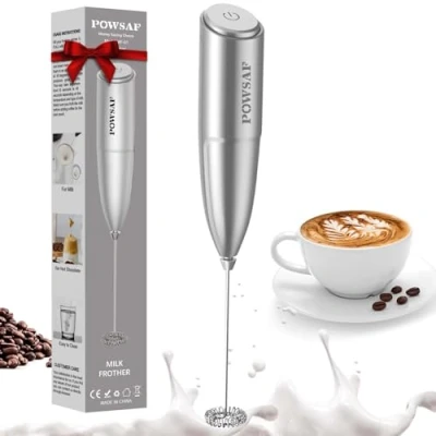 Image de POWSAF Mousseur à Lait Électrique, Emulsionneur en Acier Inoxydable, 13000 tr/min, Fouet Électrique pour Café, Latte, Cappuccino, Matcha, Noir