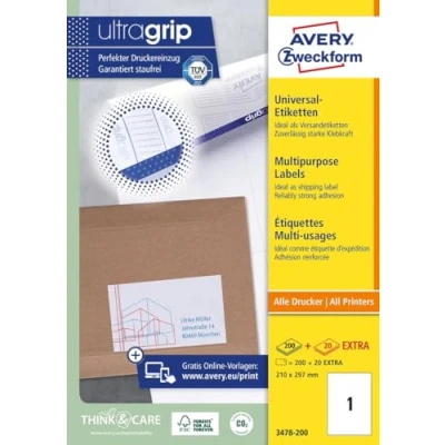 Image de Avery 100 Etiquettes Autocollantes multi usages (1 par Feuille) 210x297mm Impression Laser, Jet d&#039;Encre Blanc (3478)A4, 200 Plus 20 Universal Labels extra