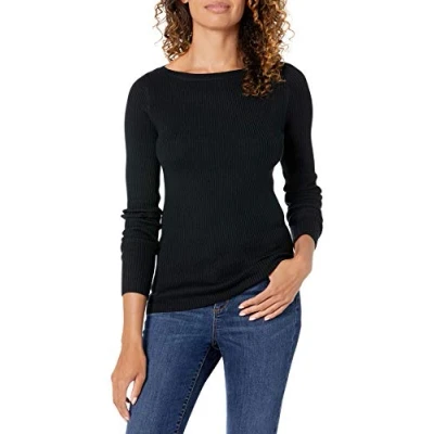 Image de Amazon Essentials Pull Côtelé Léger Coupe Ajustée à Manches Longues et Col Bateau Femme, Noir, XL