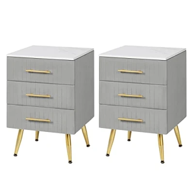 Image de WOLTU Lot de 2 Table Chevet avec 3 Tiroirs en Velours Nuit Commode Rangement pour Chambre à Coucher Salon MDF Montage Facile 40,5x41x60cm, Gris, TS135gr