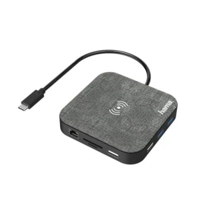 Image de Hama Hub USB C Connect2QiCharge (Adaptateur Multiports Ethernet/HDMI/VGA/4x A/2xUSB (1PD)/Lecteur Cartes SD+Micro SD/Jack 3.5mm, Station d&#039;acceuil 100W &amp; Chargeur Induction Qi) Gris/Noir
