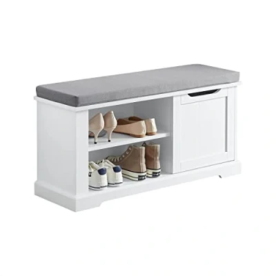 Image de SoBuy Banc de Rangement avec Coussin Rembourré Meuble Bas Entrée Commode à Chaussure Banquette Confortable 1 Porte et 2 Etagères 90x30x45 cm, FSR84 W