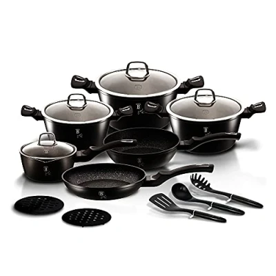 Image de Berlinger Haus, Set de 15 Pièces Collection Black Silver, en aluminium forgé, revêtement marbre antiadhésif à 3 couches, Poignée ergonomique, Convient tous les types plaques cuisson