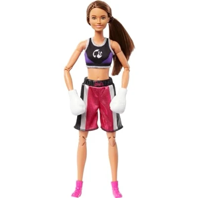 Image de Barbie Boxeuse Poupée Brune articulée vêtue d’Une Tenue de Sport Amovible avec Gants Boxe, 22 Points d’Articulation, HRG40