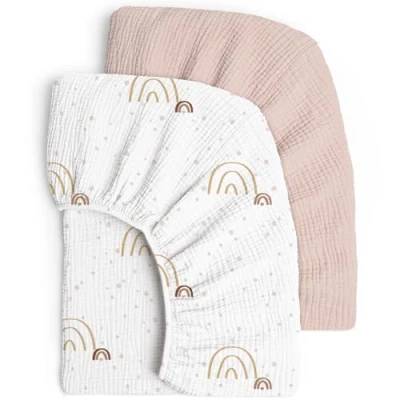 Image de lulumoon Drap housse en mousseline Pour lit d&#039;enfant : 100 % coton de bébé 70 x 140 cm/60 120 cm (rose arc ciel)