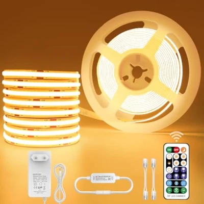 Image de Ruban LED COB Blanc Chaud, Band 3000K Dimmable 24V, Bandeau avec alimentation et télécommande, Lumineuse Autocollant IP44 Etanche, Bandes Lumineuses pour TV, Cuisines, Armoires