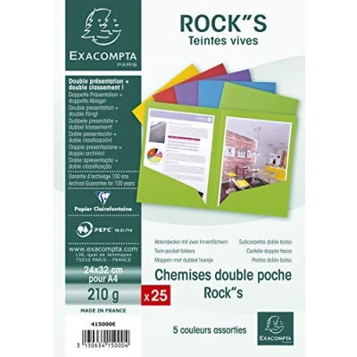 Image de Exacompta Réf. 415000E Paquet de 25 chemises double poche ROCK&#039;&#039;S 210 g/m² couleurs vives certifiées PEFC™ dimensions 24 x 32 cm pour documents format A4 5 assorties
