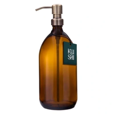 Image de Kuishi Flacon Pompe en Verre Ambré avec Acier Inoxydable [1000 ML, dorée], Flacons Rechargeables Marron Idéal pour Le Lavage des Mains, shampoing, après shampooing (sans BPA)