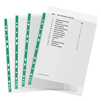 Image de Esselte 628531 Lot de 100 pochettes perforées A4, en polyester, épaisseur 34 microns, A4 transparentes relief avec dos vert renforcé, idéales pour classeurs à levier et