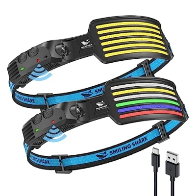 Image de Smiling Shark Lampe Frontale LED, 2 Pièces Angle Large 6*LED Bandes Lumineuses Blanche Bleu Rouge Vert Headlamps Rechargeable Étanche pour Camping Randonnée, LED