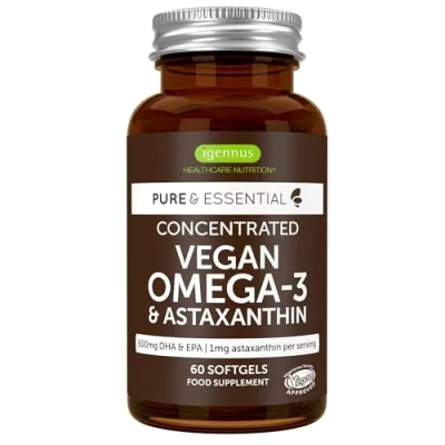 Image de Omega 3 Vegan, 600mg de DHA &amp; EPA, Huile d’Algues Astaxanthine, Pure Durable, 60 Gélules (1 mois) par Igennus