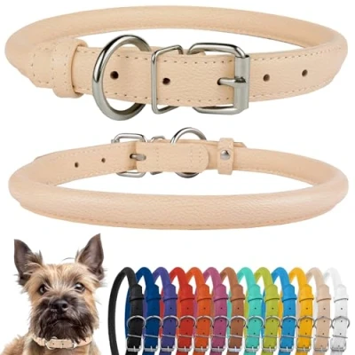 Image de CollarDirect Collier de Chien en Cuir roulé, Chiot Rond rembourré Doux, véritable Fait à la Main pour Petit Grand Chat 13 Couleurs (18 20 cm, Beige texturé)