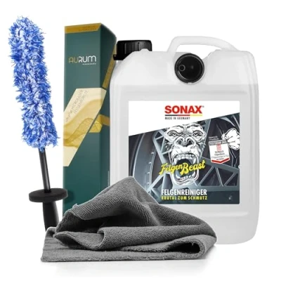 Image de detailmate Kit de nettoyage pour jantes Sonax Beast Bidon 5 litres + brosse en microfibre Aurum UltraFlat 320 g/m²