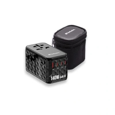Image de Adaptateur de voyage Verbatim Eu/Uk/Us Gan USB A/3Xusb C Pd 140W Uta 10 Noir/Noir 32125